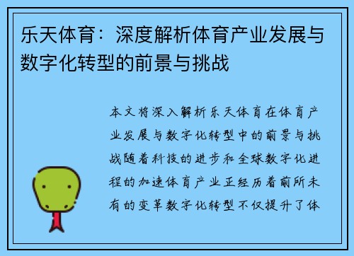 乐天体育：深度解析体育产业发展与数字化转型的前景与挑战