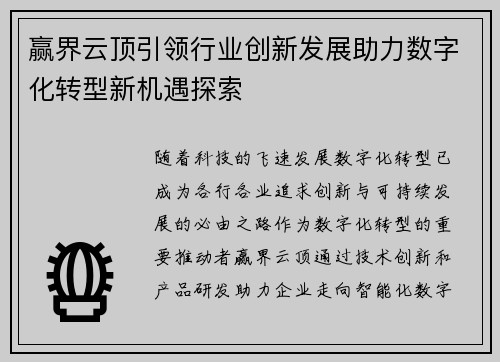 赢界云顶引领行业创新发展助力数字化转型新机遇探索